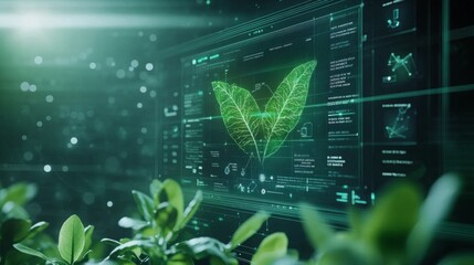 Digital projections of leaves and data showcase the blend of AI and sustainable finance, highlighting innovative strategies for environmental assessments and investment solutions.
