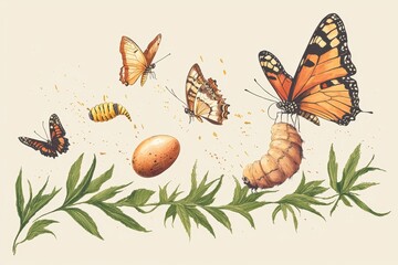 A vibrant illustration of butterflies, caterpillars, and an egg, showcasing the life cycle of butterflies against a soft background with greenery.