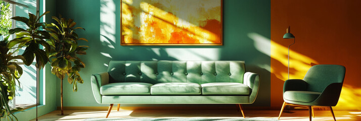 Elegant living room interior decorated in mint and olive hues, showcasing a harmonious blend of clean aesthetics and cozy minimalist home decor trends, banner