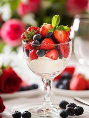 Fresh Strawberry Yogurt Parfait Delight - Creamy yogurt layered with juicy strawberries and blueberries, a refreshing and healthy parfait perfect for breakfast or a light dessert.  Symbolises freshnes