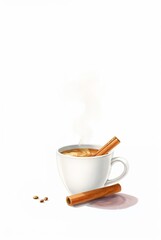 steaming cup of coffee with cinnamon sticks and coffee beans on a white background