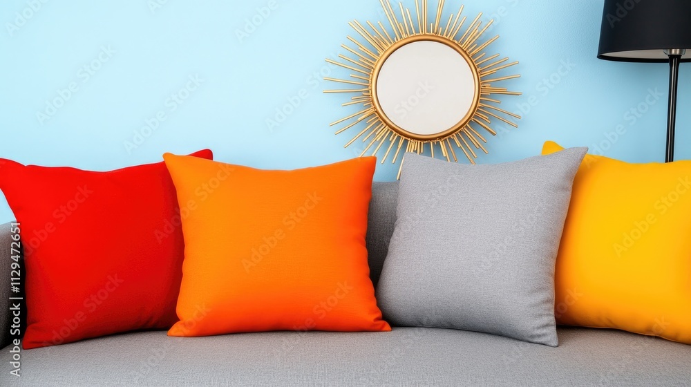 Wall mural A cozy sofa adorned with vibrant decorative pillows is set against a blue wall. A stylish black lamp, along with a golden mirror, enhances the modern living space ambiance