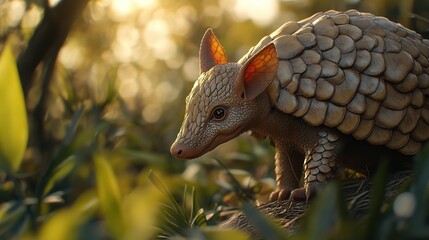 Obraz premium Pangolin in lush forest at sunset.