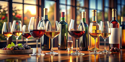 Various glasses filled with wine sit on a wooden table alongside several bottles, with a vibrant sunset visible through large windows, creating a warm, inviting atmosphere