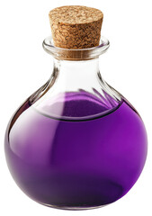 Round glass bottle with purple liquid and cork stopper