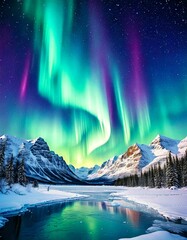 A mystical watercolor aurora borealis over snowy mountains and a frozen lake