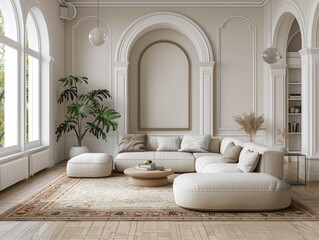 A beautifully designed living room features a spring-themed picture frame accentuated by soft furnishings. Natural light floods the space, highlighting elegant decor and vibrant greenery