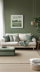 Fototapeta premium Contemporary living room design in soft mint and olive shades, blending sleek furniture with natural tones, creating a balanced and tranquil minimalist space