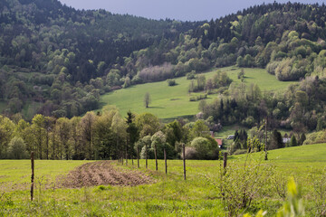 Krajobraz, wieś, łąka, góry, beskid niski, Polska.  © DRONE QUEST