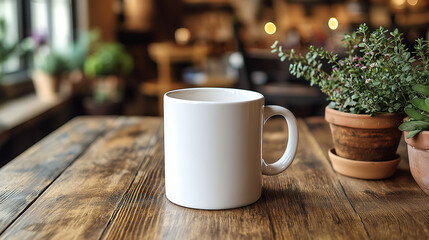White mug mockup on a wooden table in a coffee shop close-up