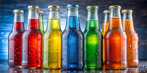 A vibrant display of glass bottles filled with various sparkling drinks in bright colors sits on a wooden table. The droplets of condensation on the bottles add to their refreshing appeal