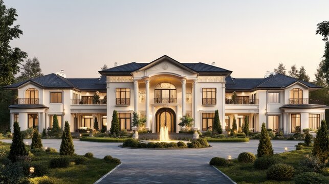 Architectural Visualization Neoclassical Mansion at Dusk, Exterior Composition, 3D Render, Luxury Home Design, mansion, architecture, real estate
