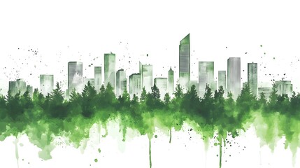 Obraz premium vector drawing of the skyline in front of green trees and buildings on white background, green color palette, watercolor splashes