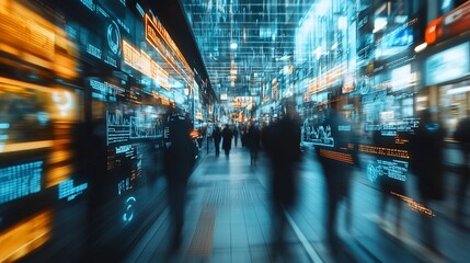 Blurry city street at night with digital overlay.