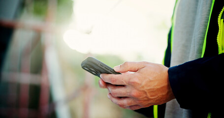 Phone, hands and man outdoor with communication, networking or contact online with mobile app....