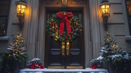 Fototapeta premium A wreath made of fresh pine branches, holly, and pinecones, lightly dusted with artificial snow. Add a large red or plaid bow at the bottom and warm string lights wrapped around the wreath. 