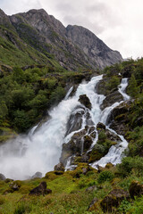 View of the Kleivafossen Waterfall near Briksdal Glacier in Norway.