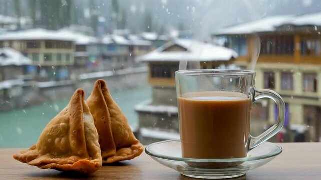 samosa and hot tea in snow falling, ambient background, snow falling in northern pakistan areas, delicious pakistan food, ambient snow falling background, ambient mosque background