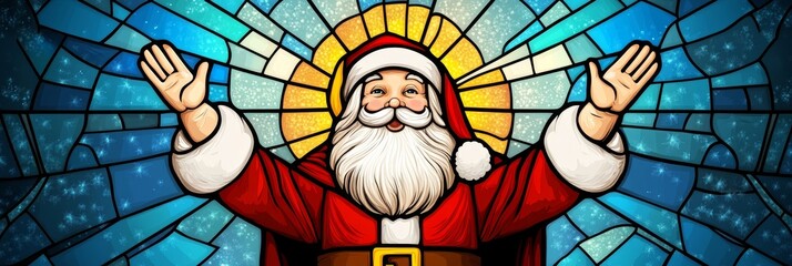 Santa Claus Stained Glass Window - Festive, joyful, welcoming, spiritual, holiday.  Depicts Santa in a stained glass style.