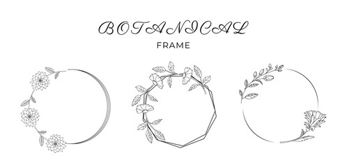 Collection of hand drawn frame with flowers. Minimalistic Herbal Botanical set of border. Single line art and clip art.  Silhouette. Elements. Floral vintage sketch. Cut out. Elegance wedding template