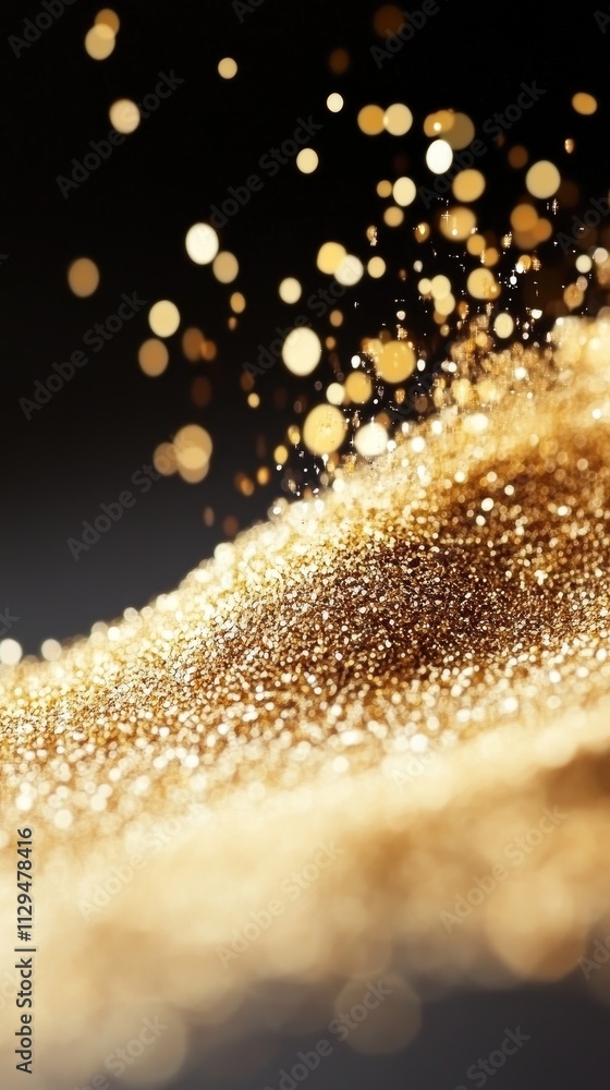 Poster luxurious black background adorned with golden glitter and shimmering particles creates a dazzling e