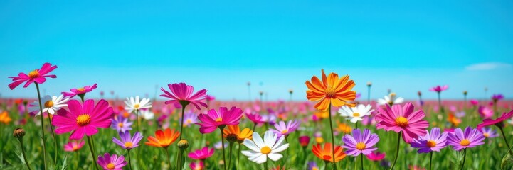 Vibrant cosmos flowers blooming in a vast field under blue sky, nature, landscape