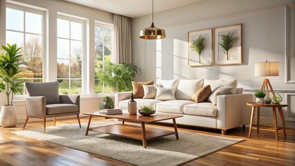 A bright, spacious living room features a white sofa and cozy armchair.