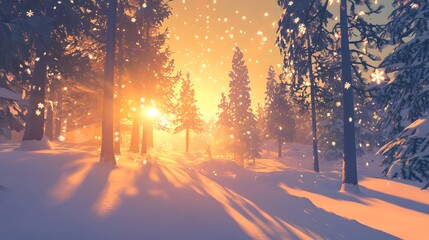  A snowy forest at sunset, with the sun casting long shadows and illuminating snow-covered trees in warm hues of orange and pink