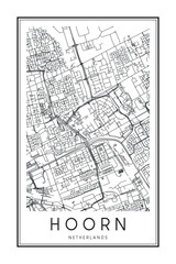 Printable downtown road map poster of the Dutch city of HOORN on solid white background with city name
