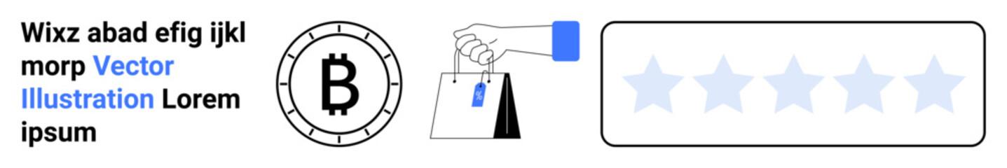 Bitcoin symbol, blue shopping bag in hand, 5-star rating frame. Ideal for e-commerce, digital currency, online reviews, shopping, cryptocurrency, customer feedback, digital transactions themes