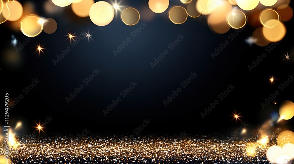 Poster gold glitter and sparkling lights create an abstract luxury backdrop, ideal for new year greetings o