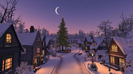 Fototapeta premium Elevated View of Snowy Village at Dusk, Composition Houses and Christmas Tree, Image Winter Scene, Concept Festive Holiday, Christmas village, winter wonderland Christmas, winter