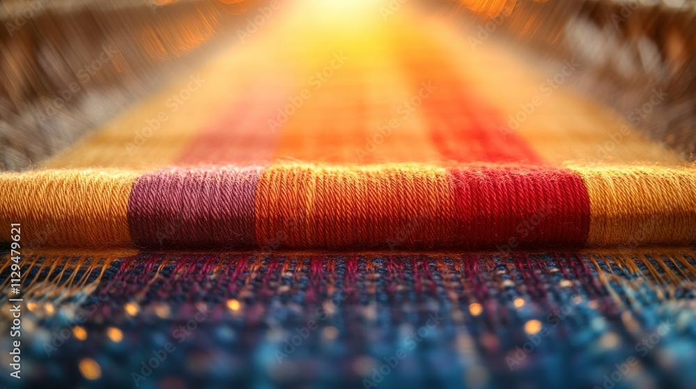 Poster vibrant threads of a loom showcasing warm colors and intricate patterns fabric on a textile workshop