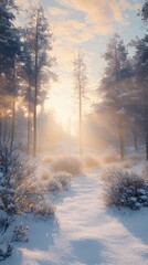 Fototapeta premium A snowy forest at sunset, with the sun casting long shadows and illuminating snow-covered trees in warm hues of orange and pink