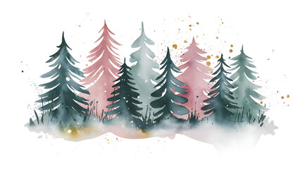 Obraz premium Whimsical Watercolor Illustration of Snowy Pine Trees in Soft Winter Hues