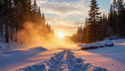 Ethereal winter sunrise over a snowy landscape with mist rising between towering evergreen trees