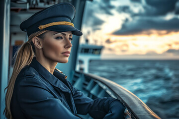 A confident and poised female cruise ship captain stands authoritatively on the bridge of a luxury liner, charisma and professionalism, against the serene ocean backdrop