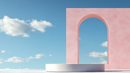 Fototapeta premium Serene Sky Archway Display - Minimalist pink arch, white platform, blue sky, fluffy clouds, peaceful scene. Symbolizes serenity, aspiration, dreams, freedom, and beauty.