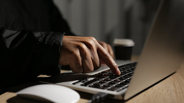 Programmer writing code on laptop keyboard in dark office at night