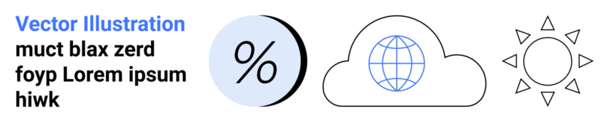 Cloud with globe, percentage symbol, and sun icons. Ideal for weather app, finance, real estate, education, marketing, sustainability, and technology themes. Landing page