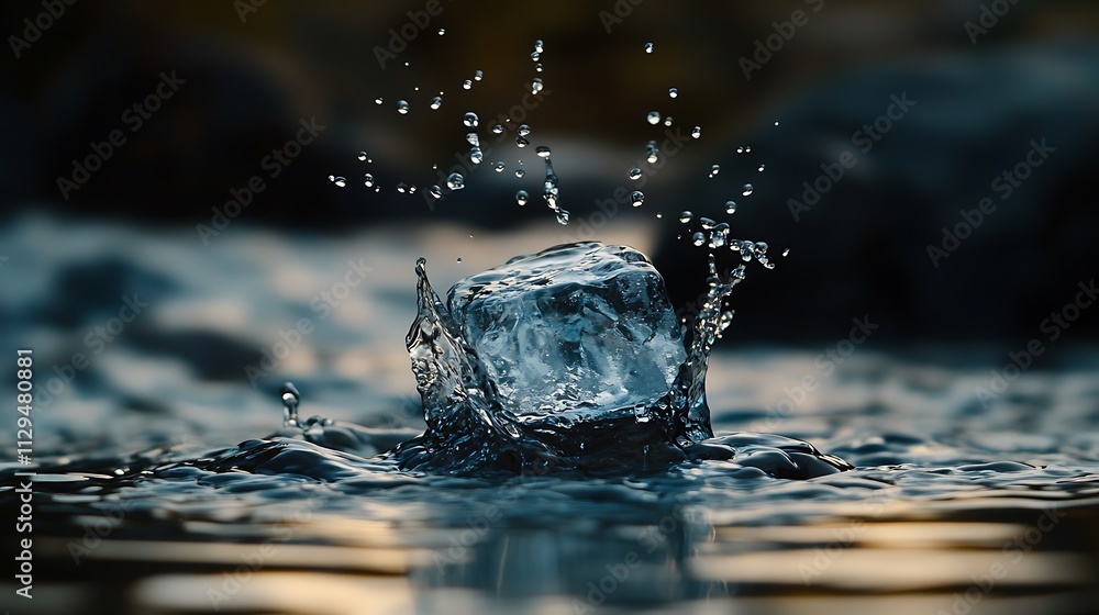 Poster ice cube entering still water creating splash