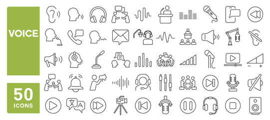 Set of 50 line icons related to voice, speak, message, microphone, talk, audio, sound, whisper, listen, hear, yell, shout, speech, Editable stroke. Vector illustration