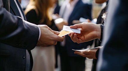 Obraz premium Close-up of two hands exchanging business cards at a networking event.