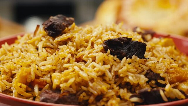 Middle eastern national traditional food, pilaf rice plov, samsa, Kabsa, dolma, tabbouleh close-up, rice and meat dish, d. Muslim family dinner, Ramadan, iftar. Kazakh Uzbek Arabian cuisine.