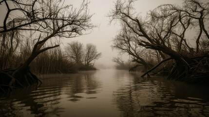 First-Person River Mist, Sepia Tone, Bare Trees, Water Reflection, Moody Atmosphere, Foggy Riverbank, Swamp