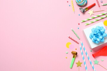 Frame of different party items and decorations with space for text on color background, flat lay