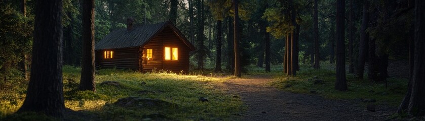 Forest Cabin at Dusk Log Cabin in Dark Woods, Wide Shot, Cozy Interior Light,Secluded Wilderness,Nature,Dark Forest,Night