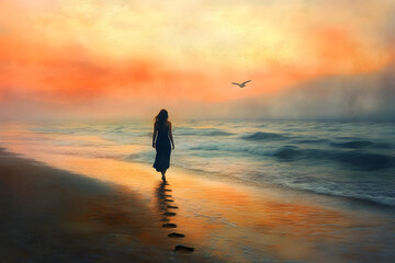 Obraz premium Serene Morning Stroll: A Woman Embraces the Tranquility of the Seaside at Dawn