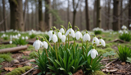 Obraz premium Snowdrop flowers bloom beautifully in a serene forest glade during early spring