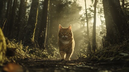 Orange tabby cat walks forest path, sunlit.